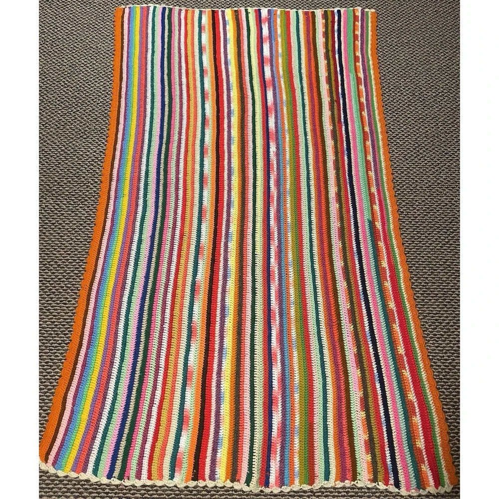 Handmade Rainbow Striped Afghan Crochet Blanket Throw Boho Grannycore 46
